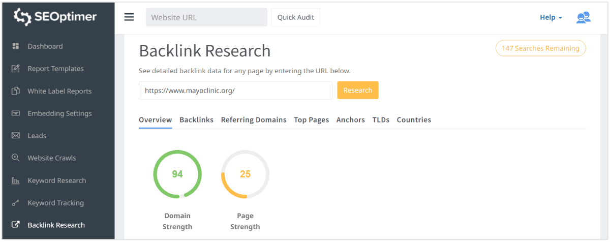 Perfil de backlinks da Mayo Clinic